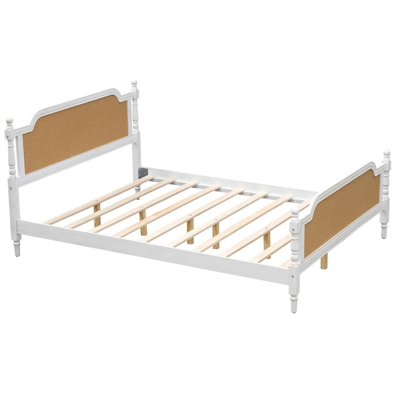 Cadre de lit Queen Size en rotin de style traditionnel, aucun sommier tapissier requis