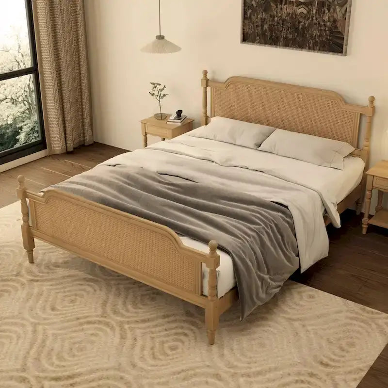 Cadre de lit Queen Size en rotin de style traditionnel, aucun sommier tapissier requis