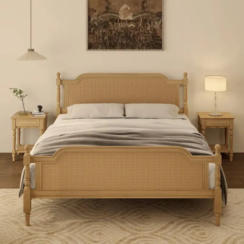 Cadre de lit Queen Size en rotin de style traditionnel, aucun sommier tapissier requis