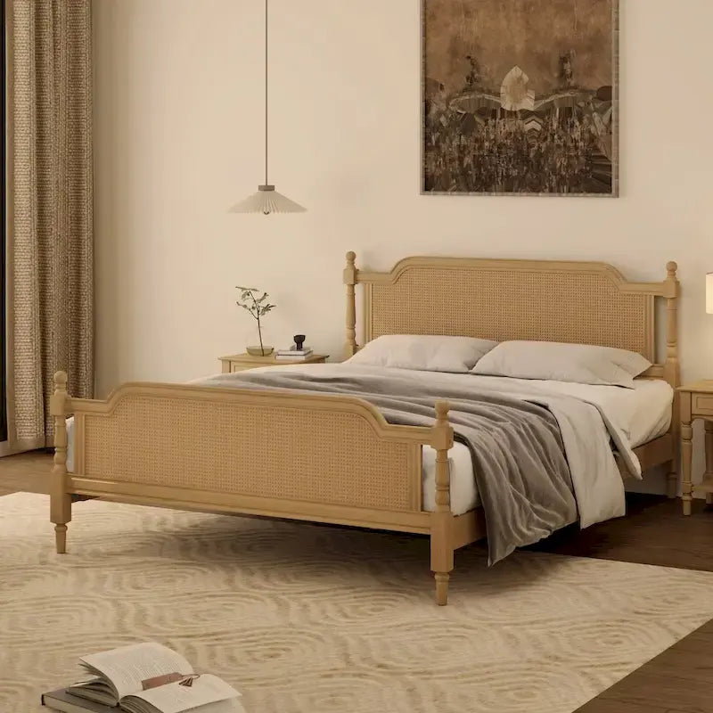 Cadre de lit Queen Size en rotin de style traditionnel, aucun sommier tapissier requis